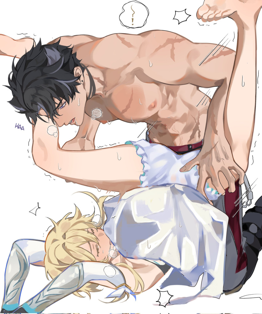 1boy 1girl blonde_hair bloomers blush clothed_sex detached_sleeves dracorux dress earrings genshin_impact grey_pants hetero highres jewelry lumine_(genshin_impact) motion_lines multicolored_hair muscular muscular_male pants saliva scar scar_on_neck short_hair_with_long_locks streaked_hair stud_earrings sweat too_many_scars topless_male trembling white_bloomers white_dress white_romper wriothesley_(genshin_impact) yellow_eyes