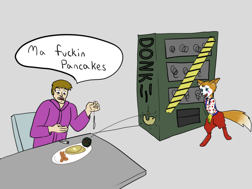 4chan_thread anthro bacon canid canine clown_makeup cutlery digital_media_(artwork) duo female food fork fox hair hi_res human kitchen_utensils knife male mammal meat pancake simple_background smile tail tools unknown_artist vending_machine