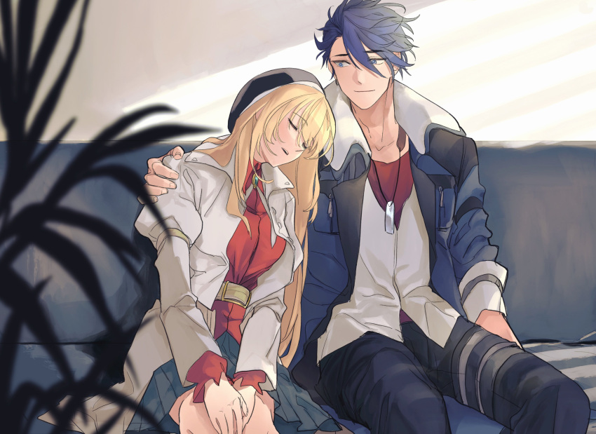 1boy 1girl agnes_claudel belt blonde_hair blue_coat blue_eyes blue_hair blue_pants blurry blurry_foreground closed_eyes closed_mouth coat commentary couch eiyuu_densetsu grey_skirt highres indoors jacket jewelry kuro_no_kiseki long_hair necklace on_couch open_clothes open_coat pants parted_lips plant pleated_skirt red_shirt reronart shirt short_hair sitting skirt sleeping van_arkride white_jacket