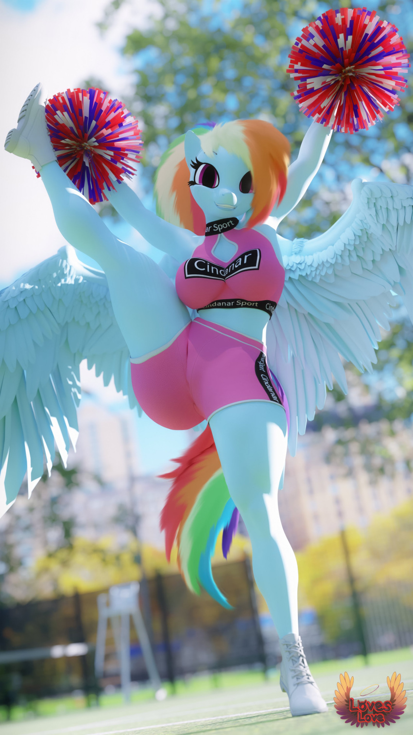 3d_(artwork) 4k 9:16 absurd_res anthro anthrofied boots bottomwear cheerleader cheerleader_outfit clothing digital_media_(artwork) equid equine female footwear friendship_is_magic hair hasbro hi_res loveslove mammal midriff multicolored_hair my_little_pony mythological_creature mythological_equine mythology pegasus pom_poms purple_eyes rainbow_dash_(mlp) rainbow_hair shorts solo wings