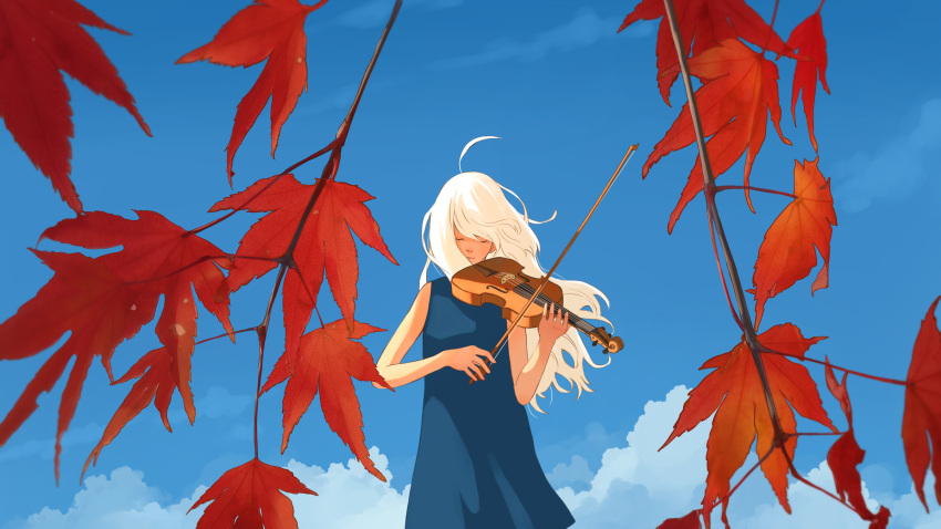 1girl ahoge autumn_leaves bare_arms bare_shoulders blue_dress blue_sky bow_(music) closed_eyes closed_mouth cloud cowboy_shot day dress facing_viewer highres holding holding_bow_(music) holding_instrument holding_violin instrument leaf long_hair maple_leaf music original outdoors playing_instrument sky sleeveless sleeveless_dress solo standing taizo_(taizo_03) violin white_hair