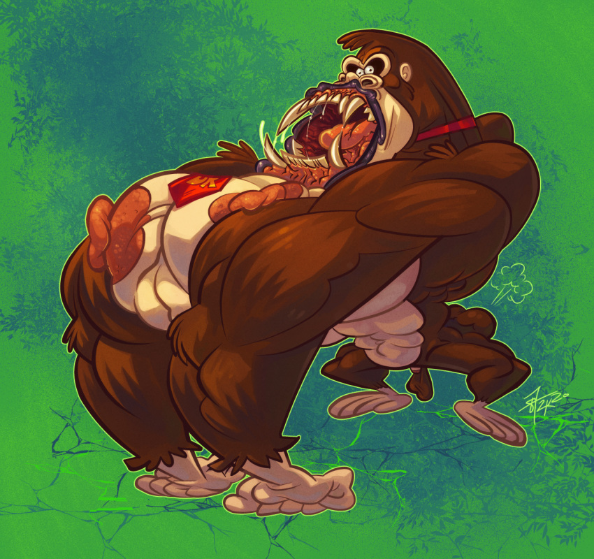 87octane ape areola balls brown_body brown_fur donkey_kong_(character) donkey_kong_(series) fangs feral fur genitals gorilla haplorhine hi_res male mammal muscular muscular_feral muscular_male nintendo nipples open_mouth primate solo teeth
