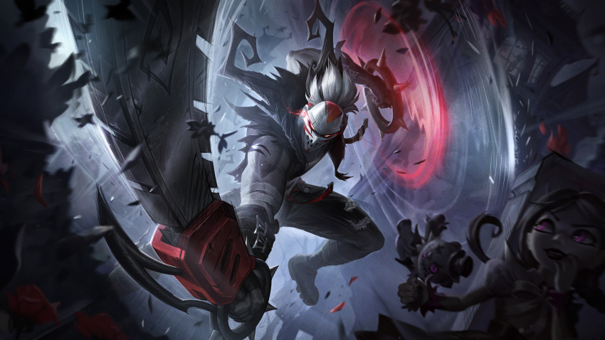 1boy 1girl absurdres annie_(league_of_legends) bangs black_gloves black_hair black_pants building chainsaw child draven dress fingerless_gloves fright_night_annie fright_night_draven gloves grey_hair highres hockey_mask holding holding_chainsaw holding_weapon league_of_legends long_hair mask muscular muscular_male official_art pants pink_eyes puffy_short_sleeves puffy_sleeves scar scar_on_arm second-party_source shoes short_sleeves smile tibbers torn_clothes torn_pants weapon wrist_cuffs