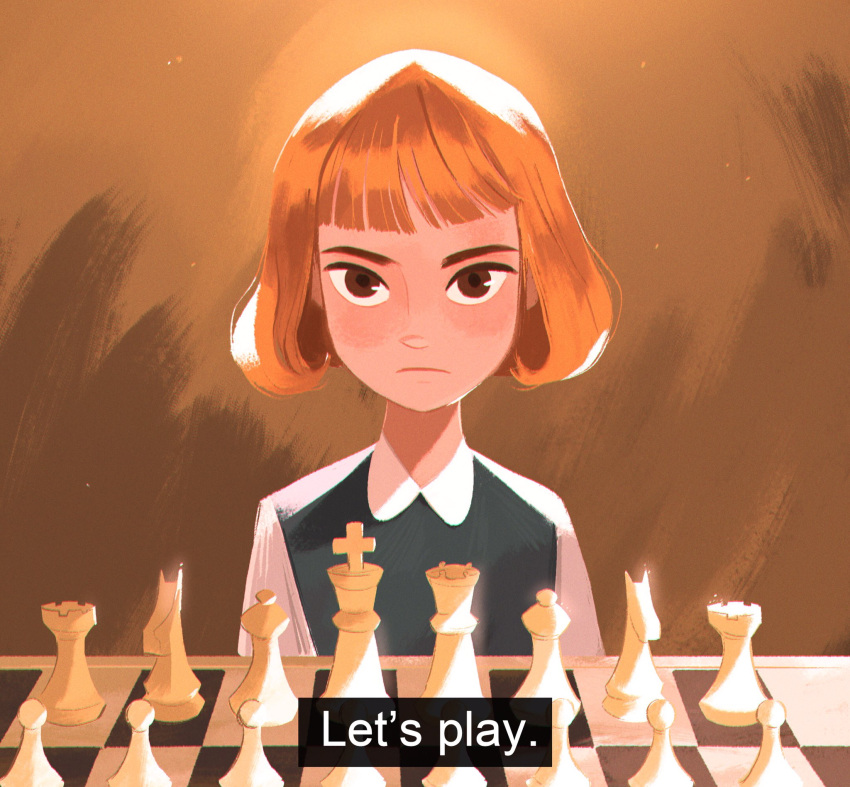 1girl blunt_bangs brown_background brown_eyes chess_piece chessboard child closed_mouth elizabeth_harmon english_commentary highres leepix_x looking_at_viewer short_hair simple_background solo the_queen's_gambit