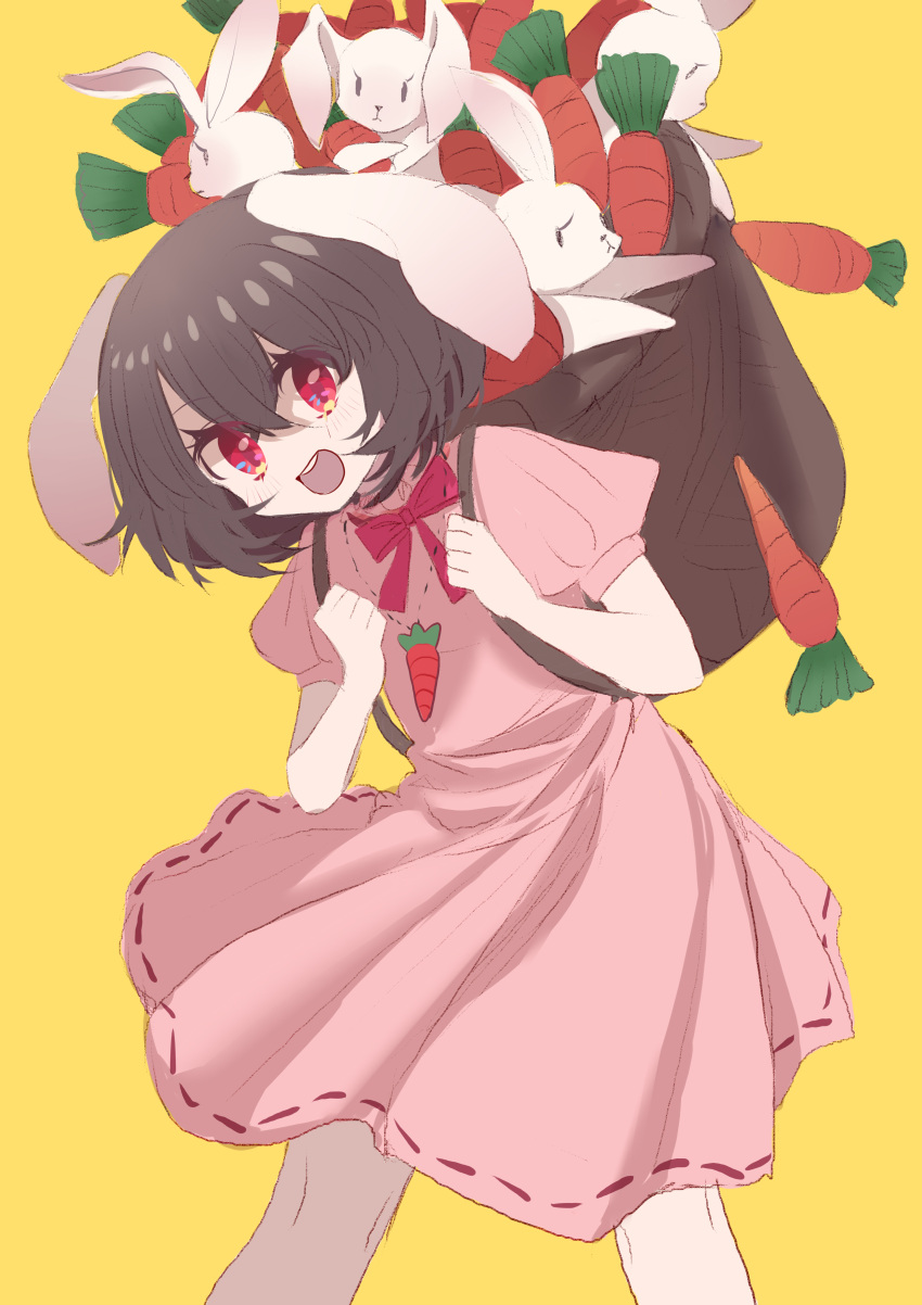 1girl absurdres animal_ears backpack bag brown_bag brown_hair carrot carrot_necklace dress feet_out_of_frame hair_between_eyes highres inaba_tewi jewelry lop_rabbit_ears medium_hair necklace open_mouth pink_dress puffy_short_sleeves puffy_sleeves rabbit rabbit_ears rabbit_girl red_eyes shocho_(shaojiujiu) short_sleeves simple_background solo teeth touhou upper_teeth_only yellow_background