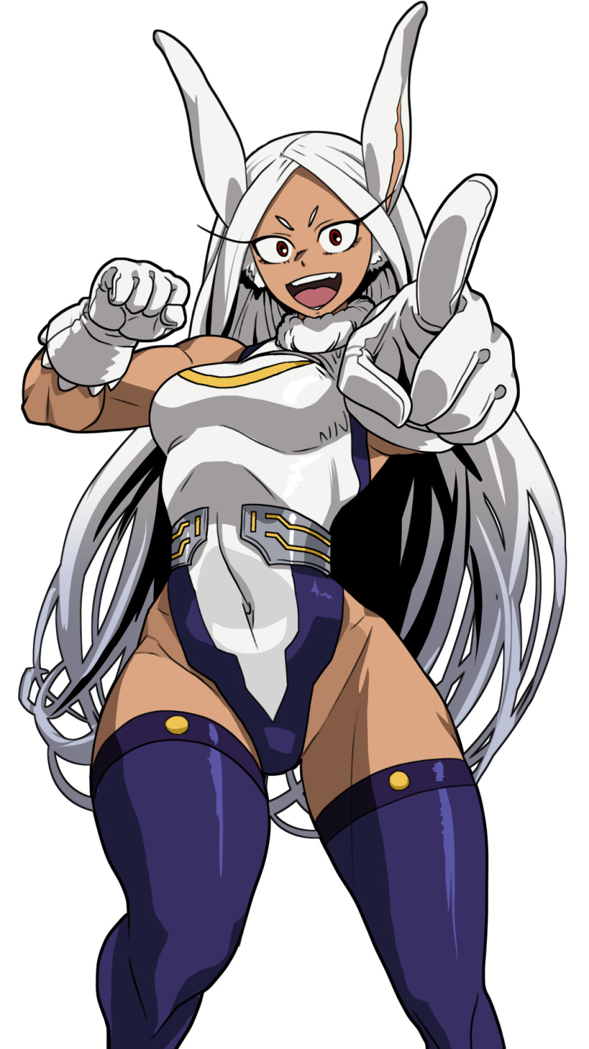 animal_ears animal_humanoid blue_clothing blue_legwear blue_thigh_highs breasts clothing dark_body dark_skin eyelashes female fur gesture gloves hair handwear hi_res humanoid lagomorph lagomorph_humanoid legwear leotard leporid_humanoid long_hair looking_at_viewer mammal mammal_humanoid muscular muscular_female my_hero_academia navel_outline oggy open_mouth open_smile pointing pointing_at_viewer rabbit_humanoid red_eyes rumi_usagiyama simple_background smile solo thick_thighs thigh_highs white_background white_body white_clothing white_fur white_gloves white_hair white_handwear white_leotard wide_hips