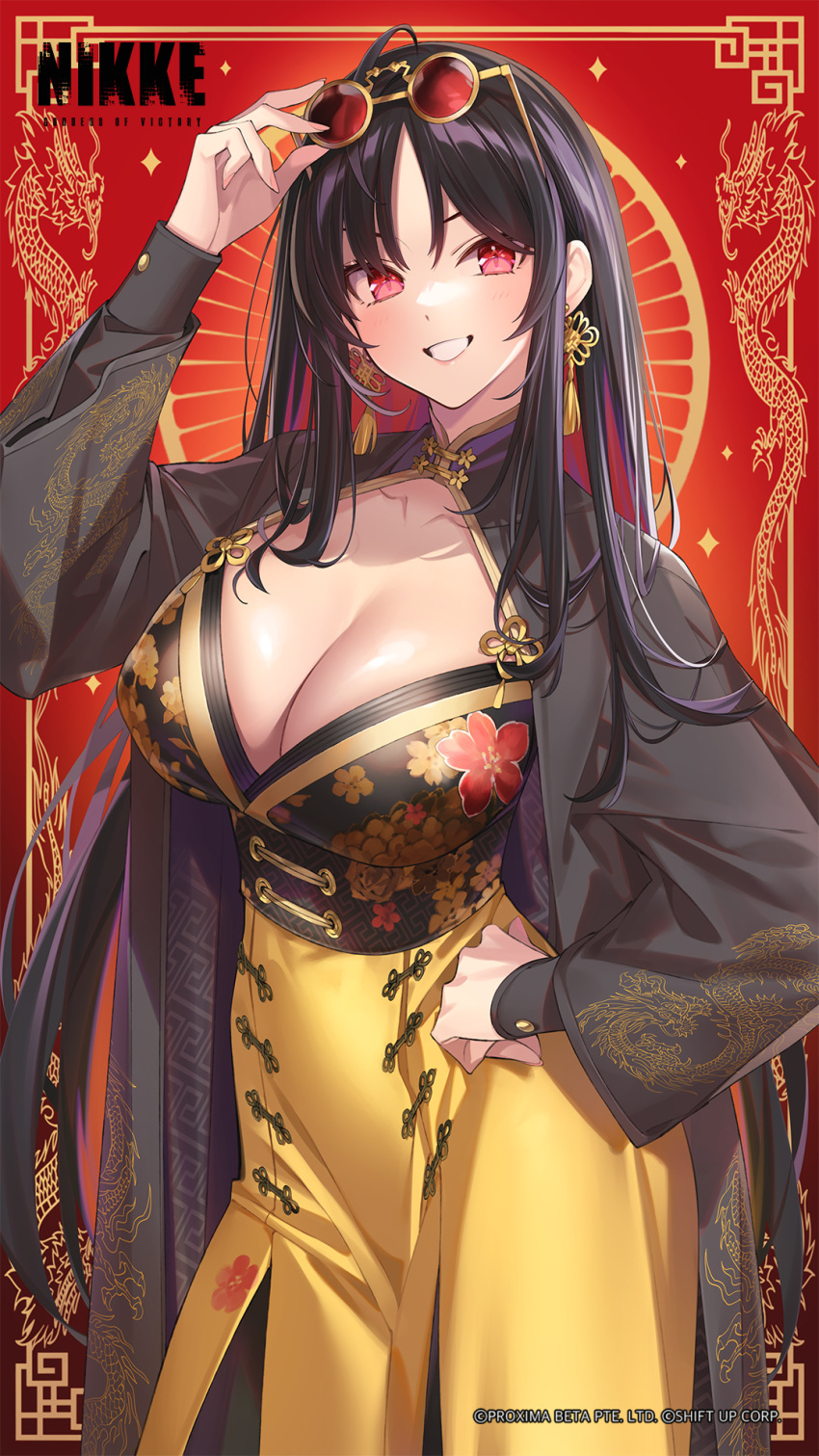 1girl black_hair breasts cleavage earrings goddess_of_victory:_nikke highres jewelry large_breasts long_hair long_sleeves looking_at_viewer moran_(nikke) multicolored_hair official_art open_mouth ornate_clothes popqn red_eyes red_hair smile solo sunglasses two-tone_hair