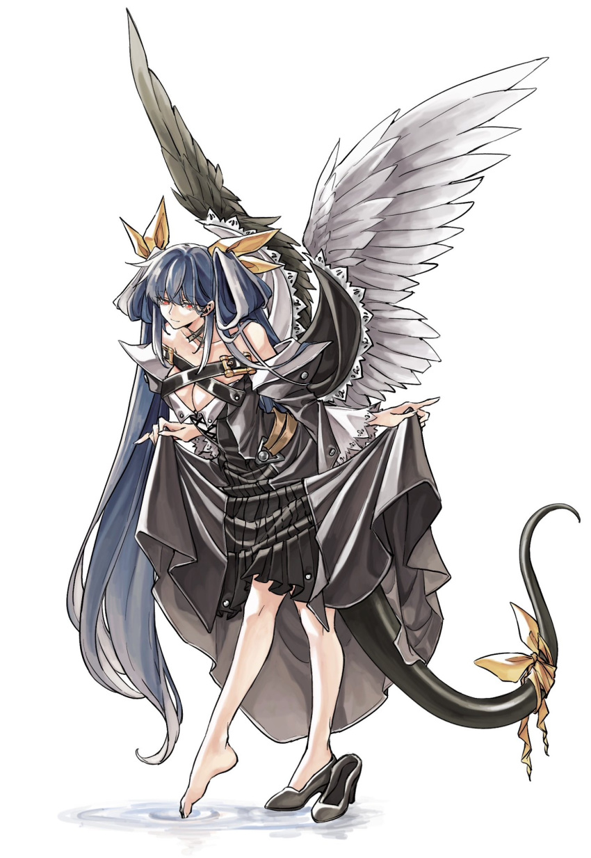 1girl angel_wings asymmetrical_wings bare_legs bare_shoulders barefoot belt black_choker black_dress blue_hair breasts choker cleavage cleavage_cutout closed_mouth clothes_lift clothing_cutout collarbone curtsey dizzy_(guilty_gear) dong_hole dress feathered_wings feet full_body guilty_gear guilty_gear_xrd hair_behind_ear hair_between_eyes hair_ribbon hair_rings high_heels highres large_breasts long_hair looking_down mature_female monster_girl off-shoulder_dress off_shoulder pulled_by_self red_eyes ribbon ripples sidelocks simple_background skirt skirt_lift solo tail tail_ornament tail_ribbon twintails water white_background wide_sleeves wings yellow_ribbon