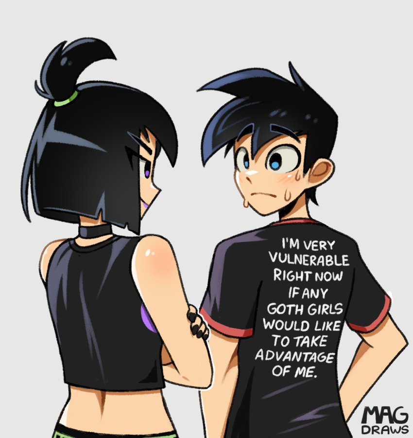 1boy 1girl artist_name back_peek black_choker black_hair black_nails black_shirt blue_eyes blunt_ends blush bob_cut choker closed_mouth clothes_writing commentary crop_top crossed_arms danny_phantom danny_phantom_(character) english_commentary english_text eye_contact facing_away from_behind gothic grey_background hand_on_own_arm highres light_frown looking_at_another mag_(magdraws) nervous nervous_sweating purple_eyes purple_lips raised_eyebrows sam_manson shiny_skin shirt short_hair signature simple_background sleeveless sleeveless_shirt smile spiked_hair spine standing sweat t-shirt thick_eyebrows topknot turning_head wide-eyed