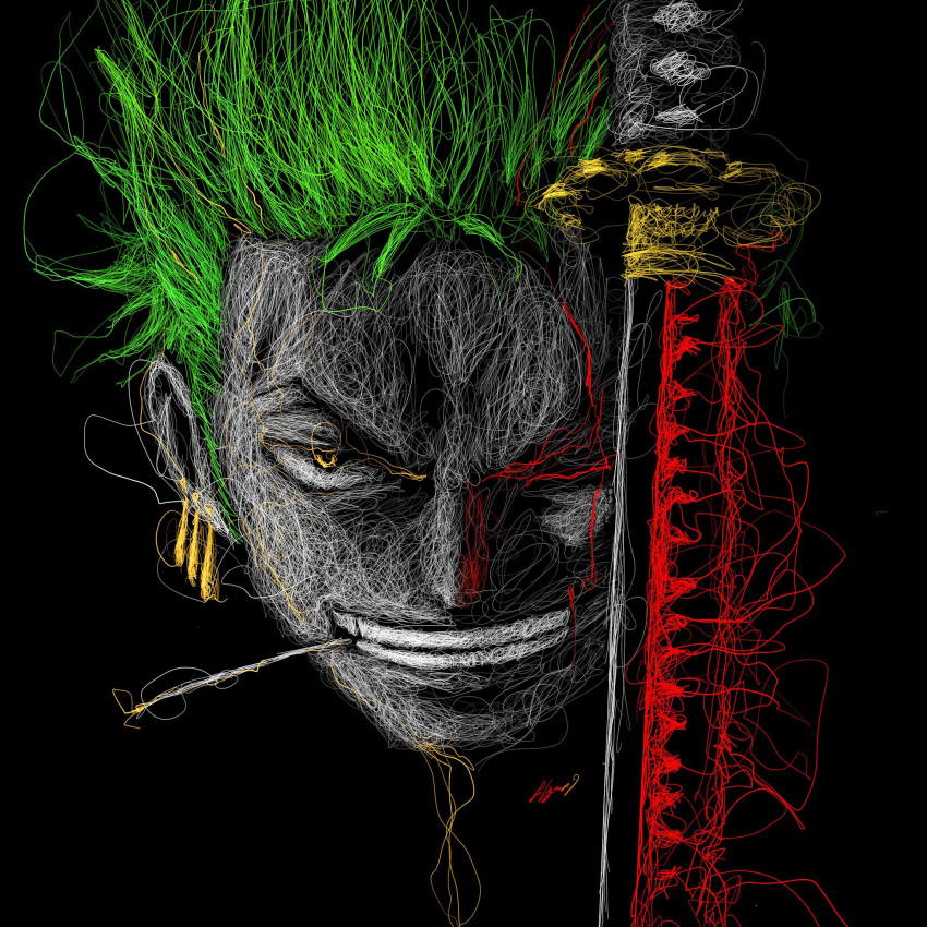 1boy black_background clenched_teeth commentary earrings flyar9 green_hair highres jewelry katana looking_at_viewer male_focus mouth_hold one_eye_closed one_piece roronoa_zoro short_hair signature single_earring smile solo sword teeth toothpick weapon yellow_eyes