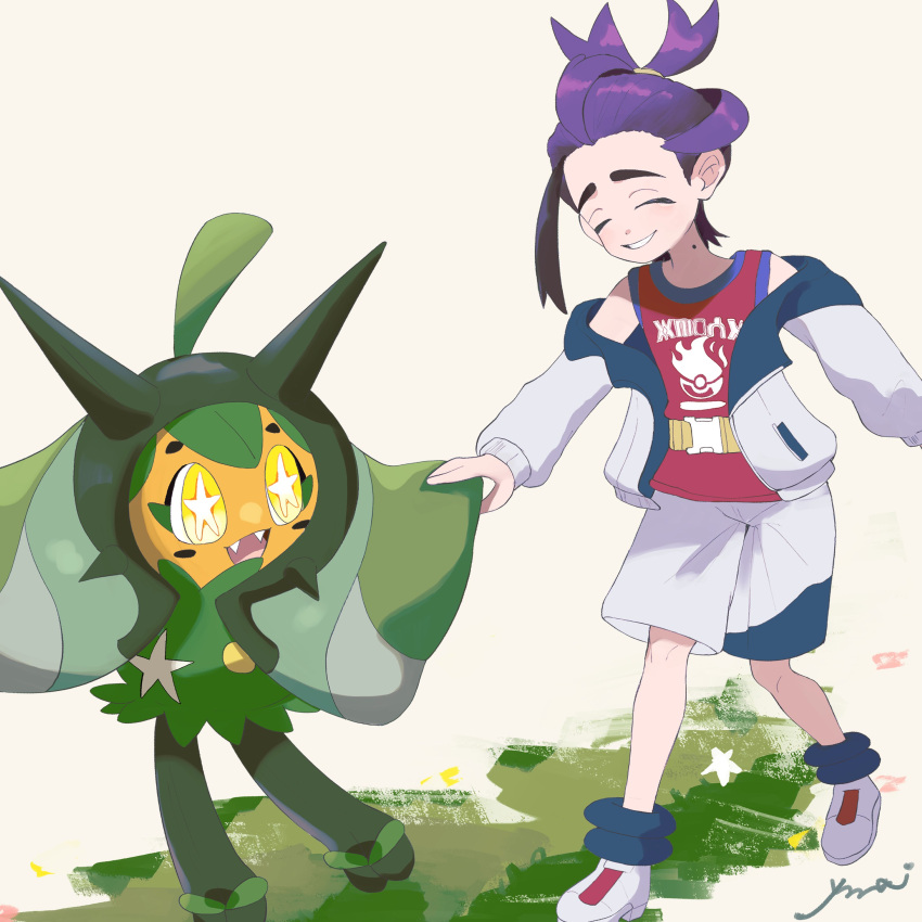 1boy absurdres black_hair closed_eyes commentary_request grin highres holding_hands jacket kieran_(pokemon) male_focus mole mole_on_neck multicolored_hair ogerpon open_clothes open_jacket pokemon pokemon_(creature) pokemon_sv purple_hair red_shirt shirt shoes shorts sleeveless sleeveless_shirt smile standing surumeika_(ninfiiiir) tank_top teeth two-tone_hair white_footwear white_jacket white_shorts