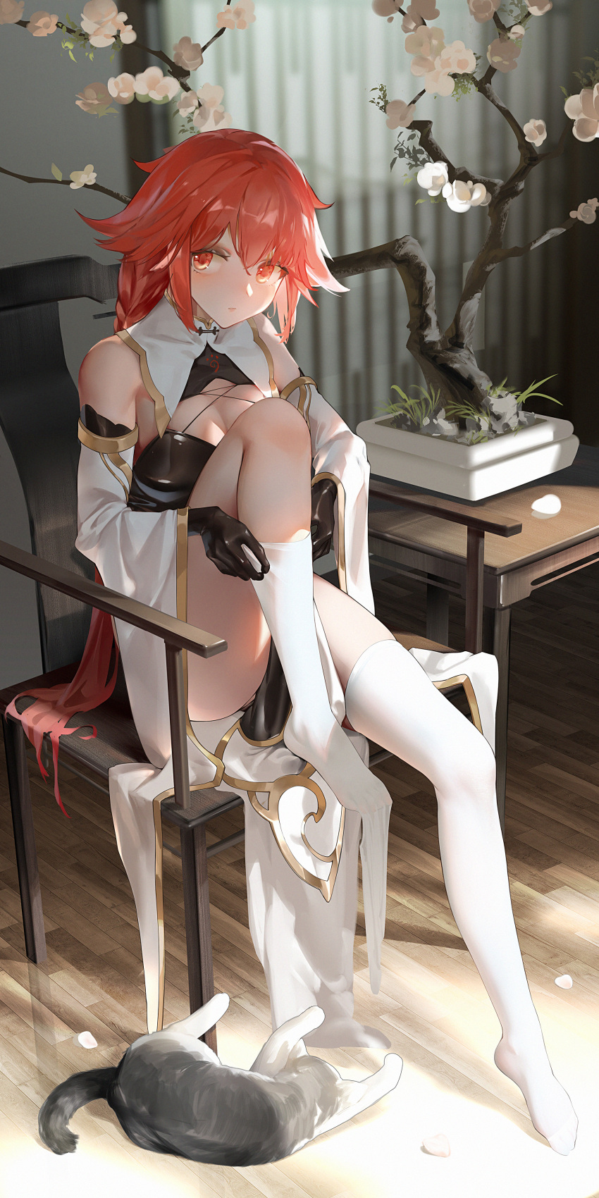1girl absurdres alternate_costume black_gloves braid breasts cat chair china_dress chinese_clothes cleavage commission curtains dress full_body gloves highres indoors knee_up long_hair looking_at_viewer neptune_(series) orange_eyes orange_hair pantyhose second-party_source shin_jigen_game_neptune_vii sitting solo tennouboshi_uzume thighhighs toeless_legwear tree very_long_hair white_thighhighs