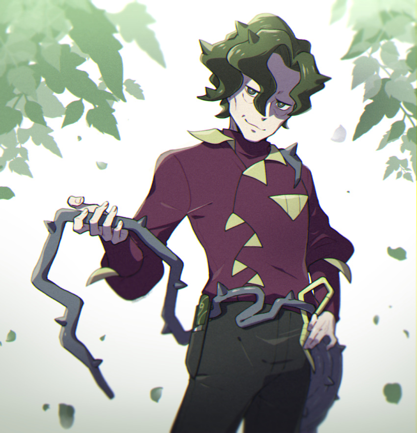 1boy bags_under_eyes batabiru black_pants brassius_(pokemon) cowboy_shot green_eyes green_hair holding holding_whip leaf looking_at_viewer pants pokemon pokemon_(game) pokemon_sv red_shirt shirt simple_background smile solo spiked_hair vine_belt vine_whip wavy_hair whip