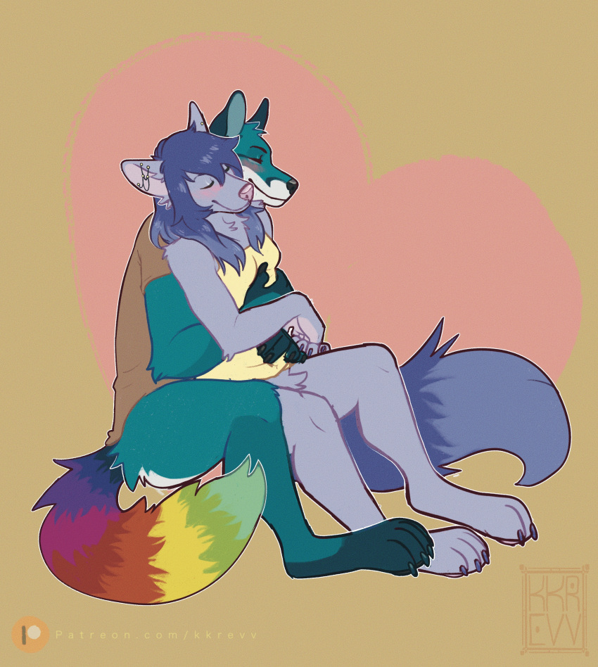 absurd_res anthro canid canine clothed clothing cuddling duo embrace eyes_closed female fox hi_res hug hybrid kkrevv male male/female mammal partially_clothed romantic smile