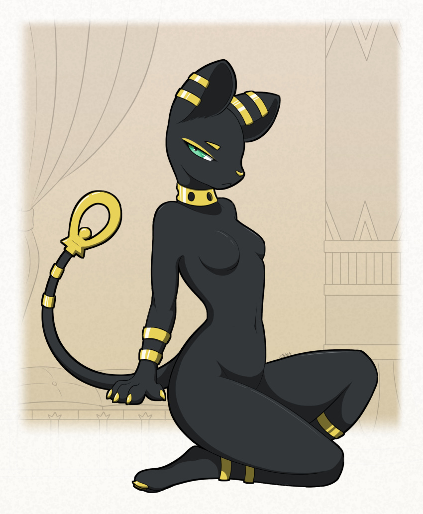 black_body black_fur breasts creature71 domestic_cat egyptian felid feline felis female fur gold_(metal) gold_jewelry hi_res jewelry mammal mau nude pal_(species) palworld pinup pose sitting small_breasts solo