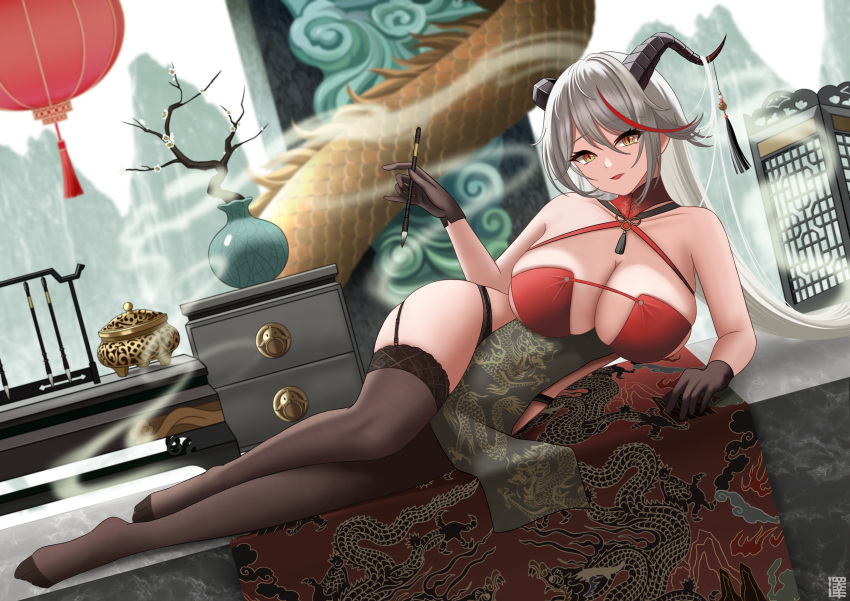 1girl absurdres aegir_(azur_lane) aegir_(golden_dragon_among_auspicious_clouds)_(azur_lane) azur_lane bare_shoulders black_garter_straps black_horns breasts cleavage criss-cross_halter dragon eastern_dragon framed_breasts garter_straps hair_on_horn halterneck highres holding holding_brush holding_calligraphy_brush holding_paintbrush horn_ornament horns incense_burner lace-trimmed_thighhighs lantern large_breasts long_hair lying multicolored_hair no_shoes official_alternate_costume on_side paintbrush red_hair revealing_clothes sideless_outfit streaked_hair thighs zekong_pioneer