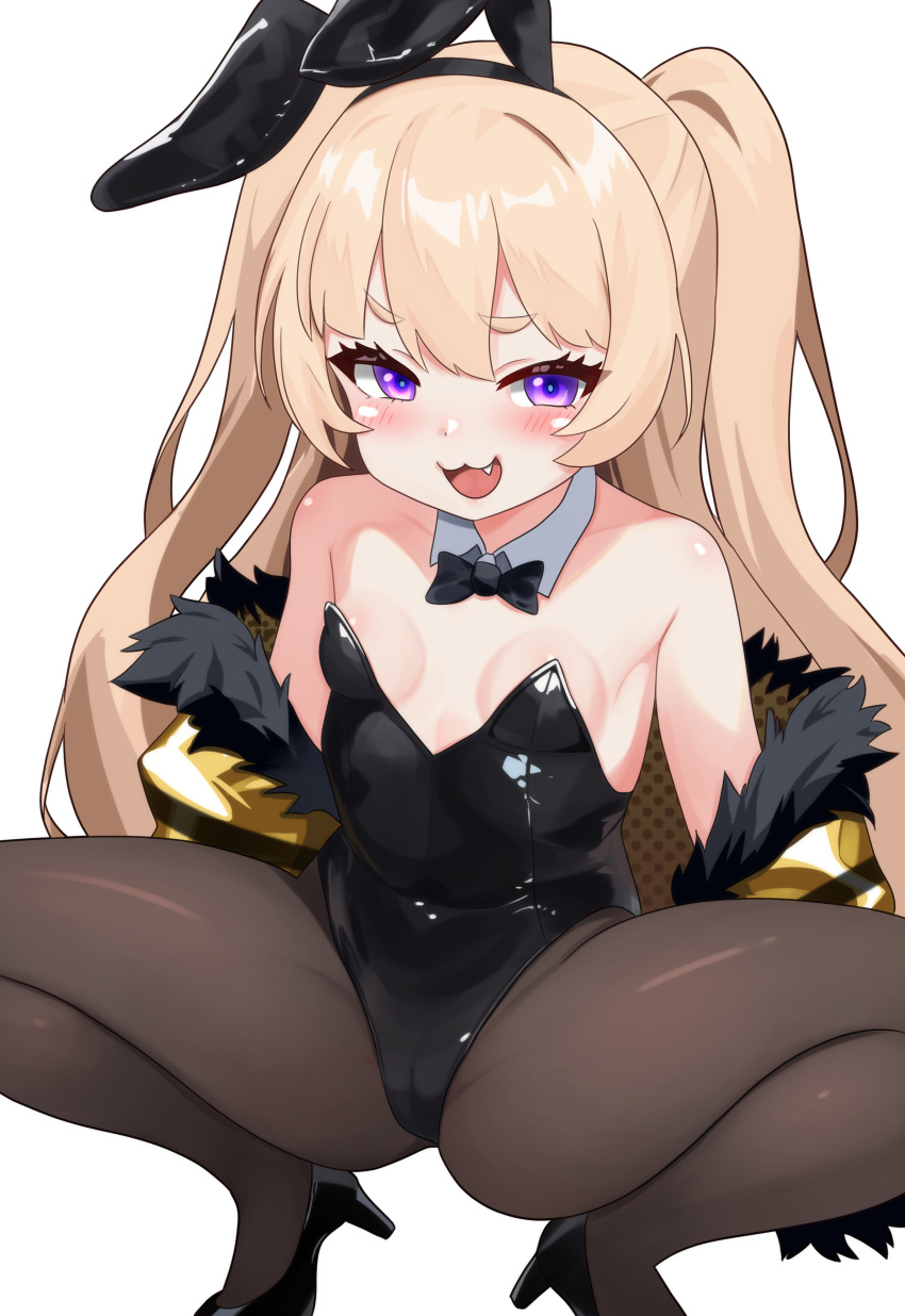 1girl :d absurdres animal_ears arms_behind_back azur_lane bache_(azur_lane) bare_shoulders black_bow black_bowtie black_leotard blonde_hair blush bow bowtie breasts covered_navel detached_collar fang fur-trimmed_jacket fur_trim hair_between_eyes high_heels highres igarashi_gozo jacket jacket_pull leotard long_hair looking_at_viewer off_shoulder pantyhose playboy_bunny purple_eyes rabbit_ears simple_background small_breasts smile solo spread_legs squatting strapless strapless_leotard thighs tiptoes very_long_hair white_background yellow_jacket