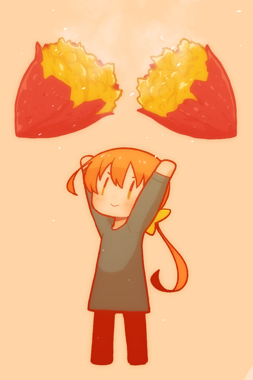 1girl \o/ arms_up bow closed_mouth deformed dress food grey_dress hair_bow highres long_hair long_sleeves no_sclera orange_eyes orange_hair original outstretched_arms oversized_food oversized_object roasted_sweet_potato short_hair_with_long_locks smile solo standing steam sweet_potato takurada yellow_bow |_|