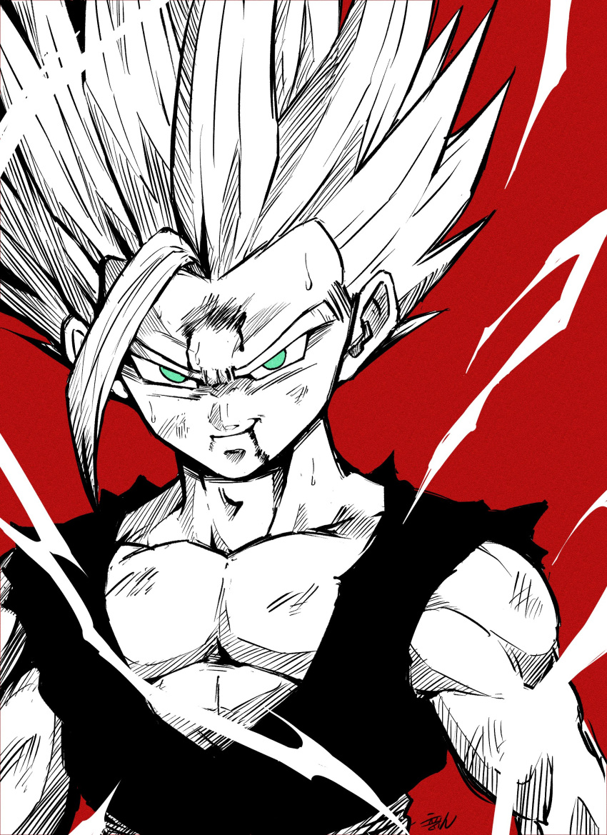 1boy absurdres aura blue_eyes child commentary_request dougi dragon_ball dragon_ball_(classic) dragon_ball_z fantasy highres liedein looking_at_viewer male_child male_focus monochrome muscular saiyan simple_background smile solo son_gohan spiked_hair super_saiyan