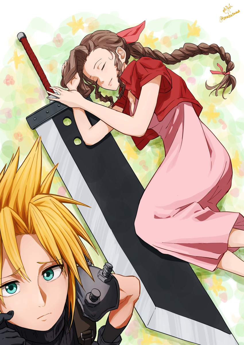 1boy 1girl aerith_gainsborough aqua_eyes armor black_gloves blonde_hair braid braided_ponytail breasts brown_hair buster_sword closed_eyes closed_mouth cloud_strife cropped_jacket dress feet_out_of_frame final_fantasy final_fantasy_vii final_fantasy_vii_rebirth final_fantasy_vii_remake flower_bed gloves hair_ribbon hand_in_own_hair hand_on_own_hip highres huge_weapon jacket light_smile long_dress long_hair looking_at_viewer medium_breasts pink_dress pink_ribbon red_jacket ribbon short_hair short_sleeves shoulder_armor sidelocks single_braid sleeping spiked_hair suspenders wavy_hair weapon wolkat