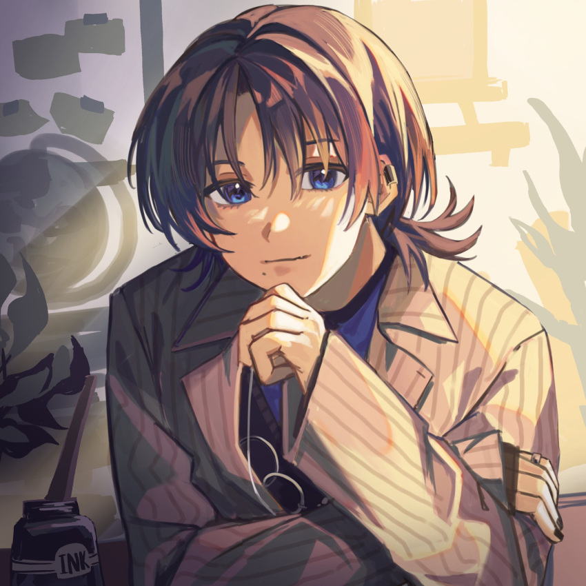 1girl black_hair blue_eyes blue_shirt cguanjen closed_mouth commentary earclip grey_jacket highres hiodoshi_ao hololive hololive_dev_is indoors inkwell jacket lon_(youscl) looking_at_viewer mole mole_under_mouth plant potted_plant shirt short_hair smile solo striped_clothes striped_jacket upper_body virtual_youtuber