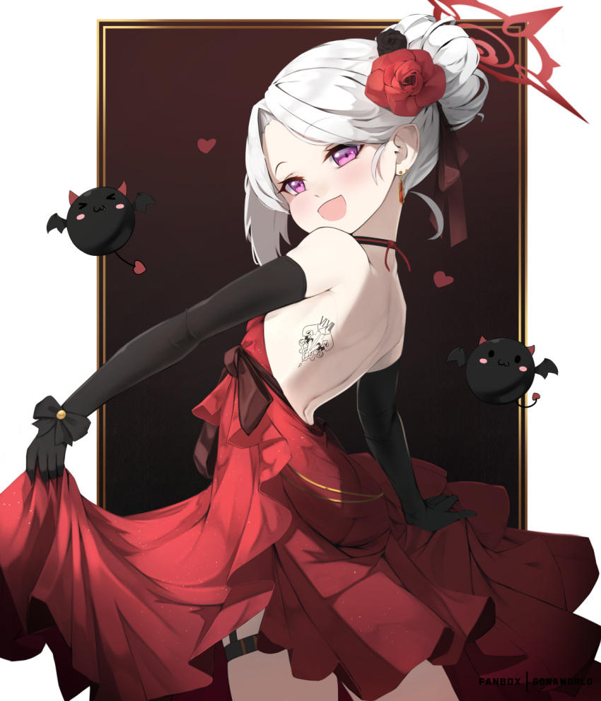 1girl back back_tattoo black_gloves blue_archive blush cowboy_shot dress elbow_gloves flower gloves hair_flower hair_ornament halo heart highres long_hair mutsuki_(blue_archive) open_mouth pink_eyes red_dress red_flower red_halo smile solo sonaworld tattoo thigh_strap white_hair