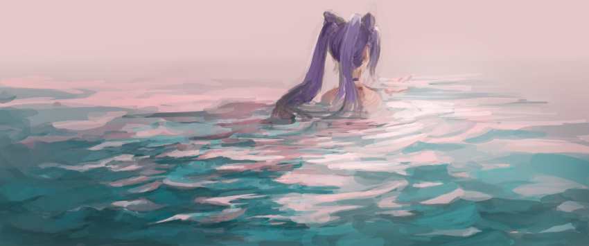 1girl commentary cone_hair_bun english_commentary from_behind genshin_impact hair_bun highres jea_(dark_jea) keqing_(genshin_impact) long_hair outdoors painterly partially_submerged purple_hair solo twintails water