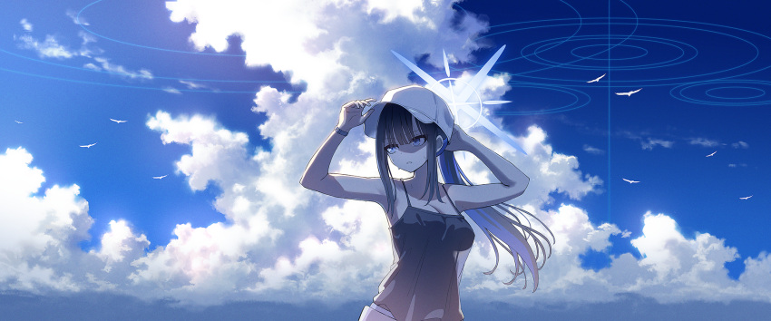 1girl animal bird black_hair black_one-piece_swimsuit blue_archive blue_eyes blue_halo breasts cleavage cloud cloudy_sky day halo hat highres long_hair medium_breasts miyoshi_nao_(miyoshist) official_alternate_costume one-piece_swimsuit open_mouth outdoors ponytail saori_(blue_archive) saori_(swimsuit)_(blue_archive) sky solo swimsuit upper_body white_headwear