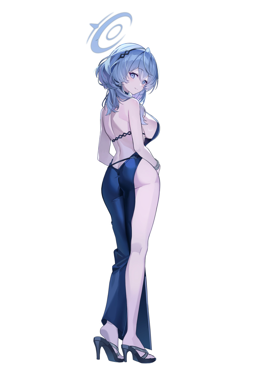 1girl absurdres ako_(blue_archive) ako_(dress)_(blue_archive) ass back backless_dress backless_outfit bangle blue_archive blue_dress blue_eyes blue_hair blush bracelet breasts butt_crack commentary dress evening_gown halo high_heels highres jewelry kneepits large_breasts light_smile looking_at_viewer looking_back median_furrow official_alternate_costume pine_(angel4195202) sideboob sideless_dress simple_background single_bare_leg solo white_background