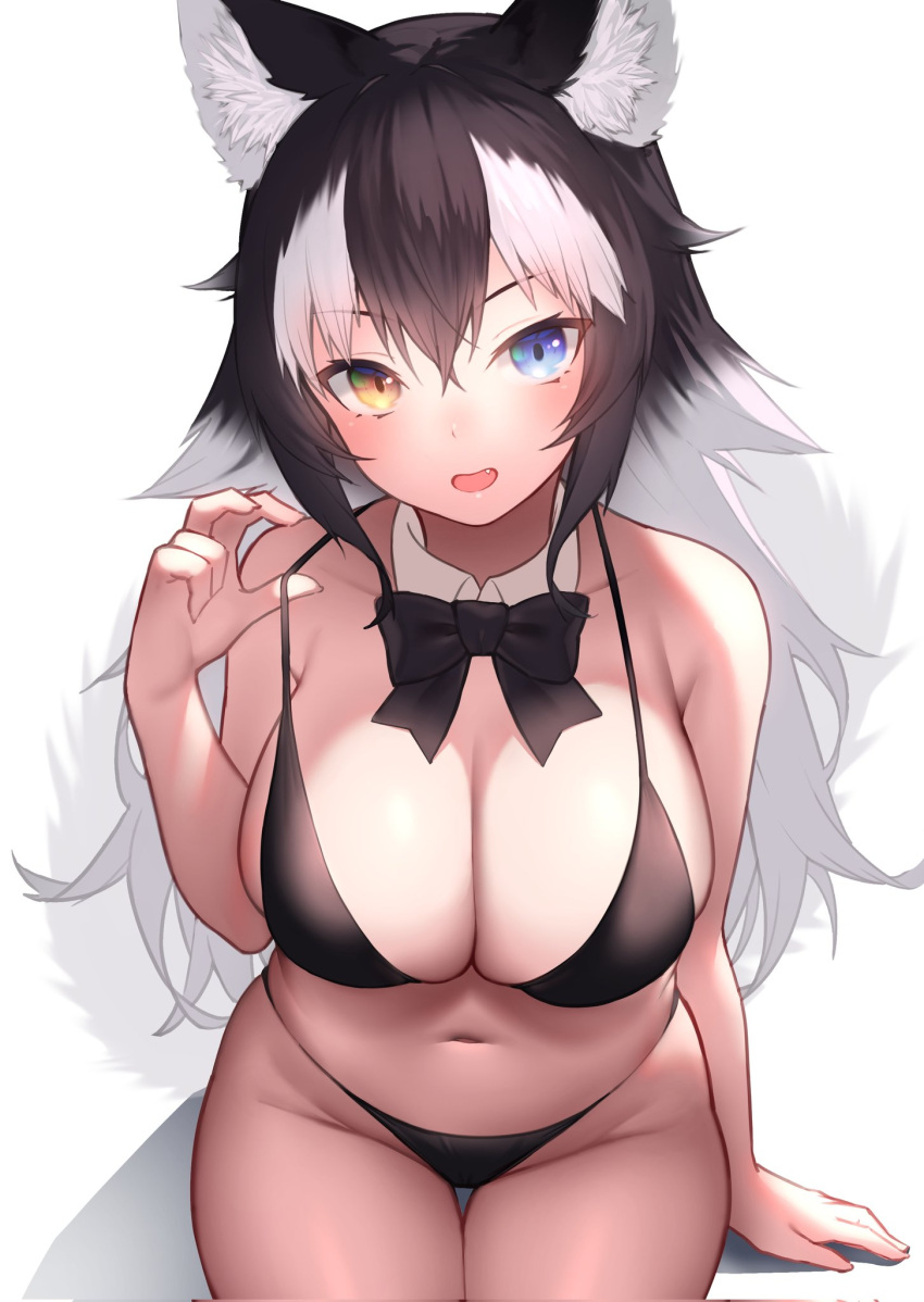 1girl akuma_(st.takuma) animal_ear_fluff animal_ears bikini black_bikini black_bow black_bowtie black_hair blue_eyes bow bowtie breasts cleavage clothes_pull detached_collar fang fingernails grey_hair grey_wolf_(kemono_friends) groin hair_between_eyes hand_rest hand_up heterochromia highres kemono_friends large_breasts long_hair looking_at_viewer multicolored_hair open_mouth pulled_by_self sitting skindentation smile solo strap_pull swimsuit tail thigh_gap two-tone_hair very_long_hair wing_collar wolf_ears wolf_girl wolf_tail yellow_eyes