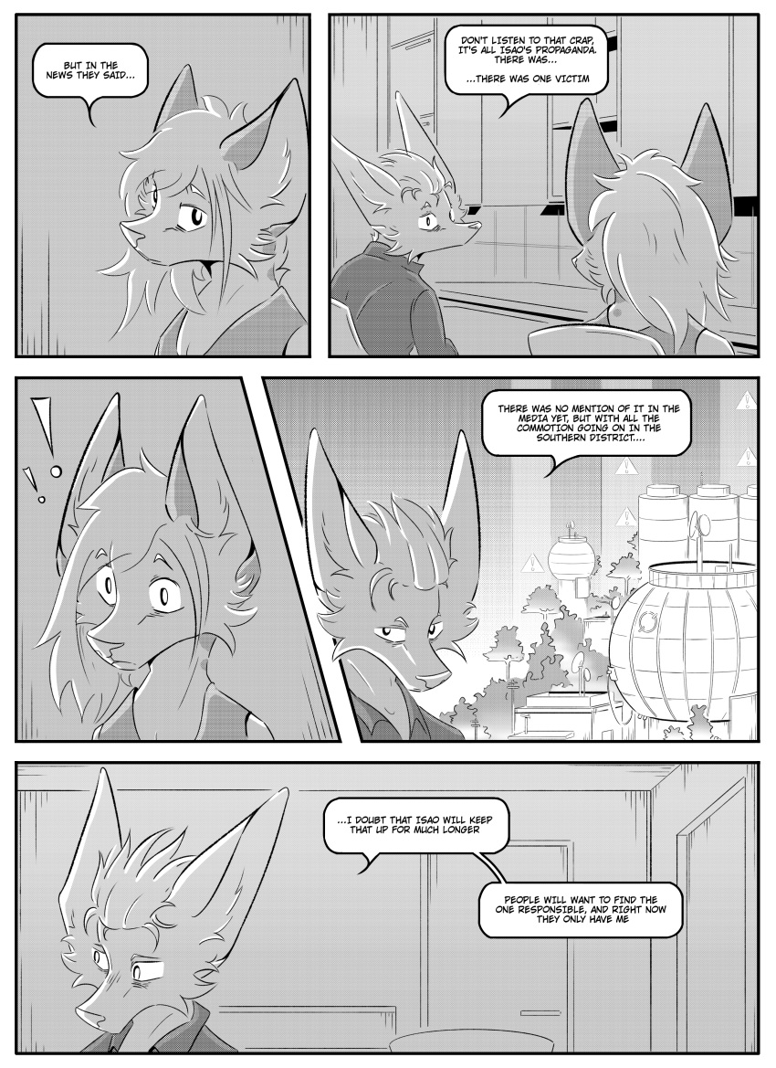 absurd_res anthro black_and_white braun_(kifyun2) canid canine clothed clothing dialogue duo emily_braun(undying_void) female fox hi_res inner_ear_fluff inside kifyun2 male mammal monochrome simple_background speech_bubble text tuft