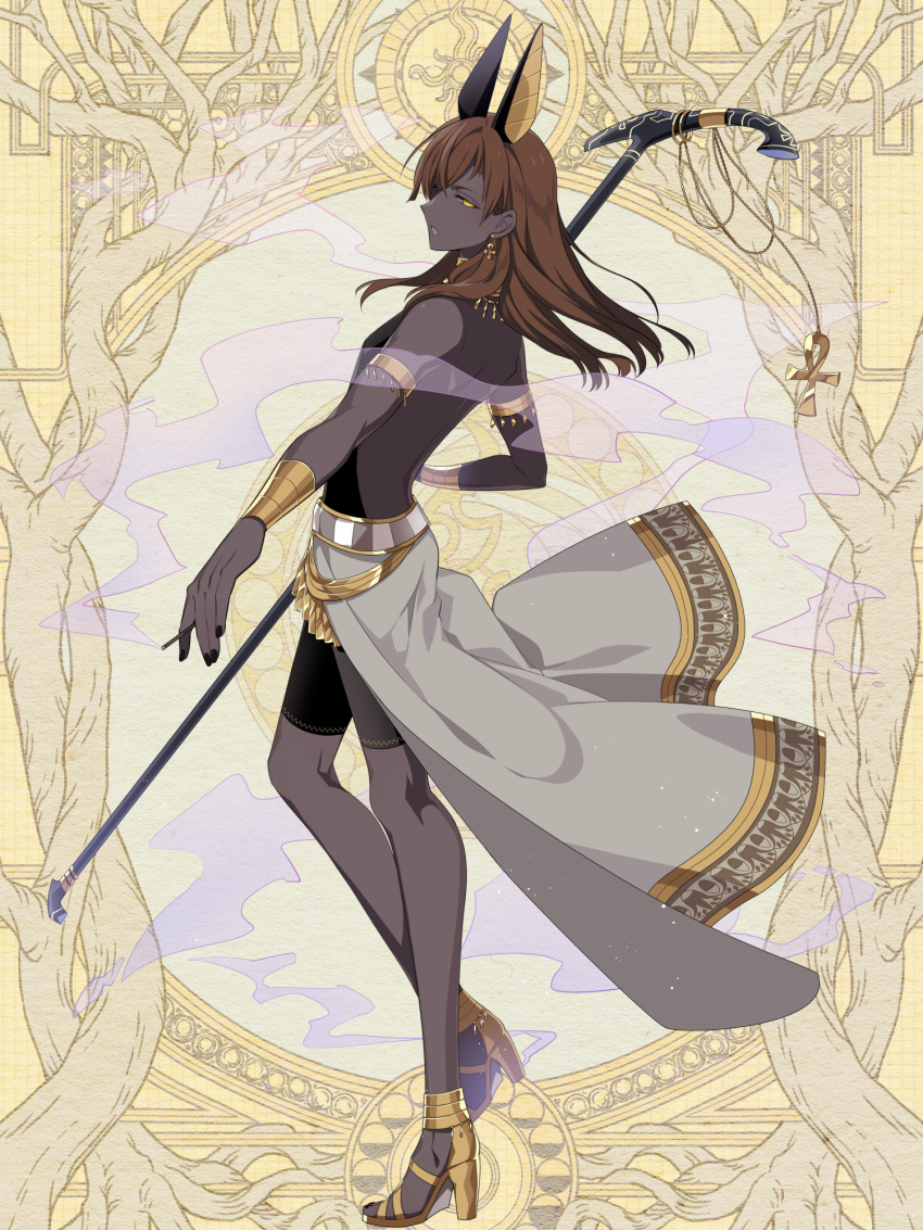 animal_ears ankh ankh_earrings armlet black_nails bracelet brown_hair dairoku_ryouhei dark_skin full_body gold_trim high_heels highres holding holding_staff jewelry l_(matador) long_hair smoke solo staff standing very_dark_skin yellow_eyes