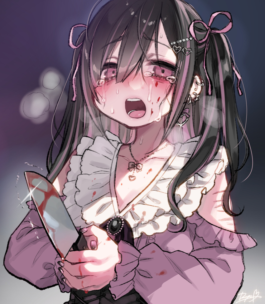 1girl absurdres black_hair blood blood_on_knife blood_stain blush brooch crying crying_with_eyes_open dancho_(dancyo) ear_piercing earrings frilled_shirt_collar frills hair_ribbon heavy highres holding holding_knife jewelry jirai_kei knife long_hair looking_at_viewer multicolored_hair necklace open_mouth original piercing pink_hair pink_shirt ribbon scar scar_on_arm self-harm_scar shirt solo tears two-tone_hair upper_body