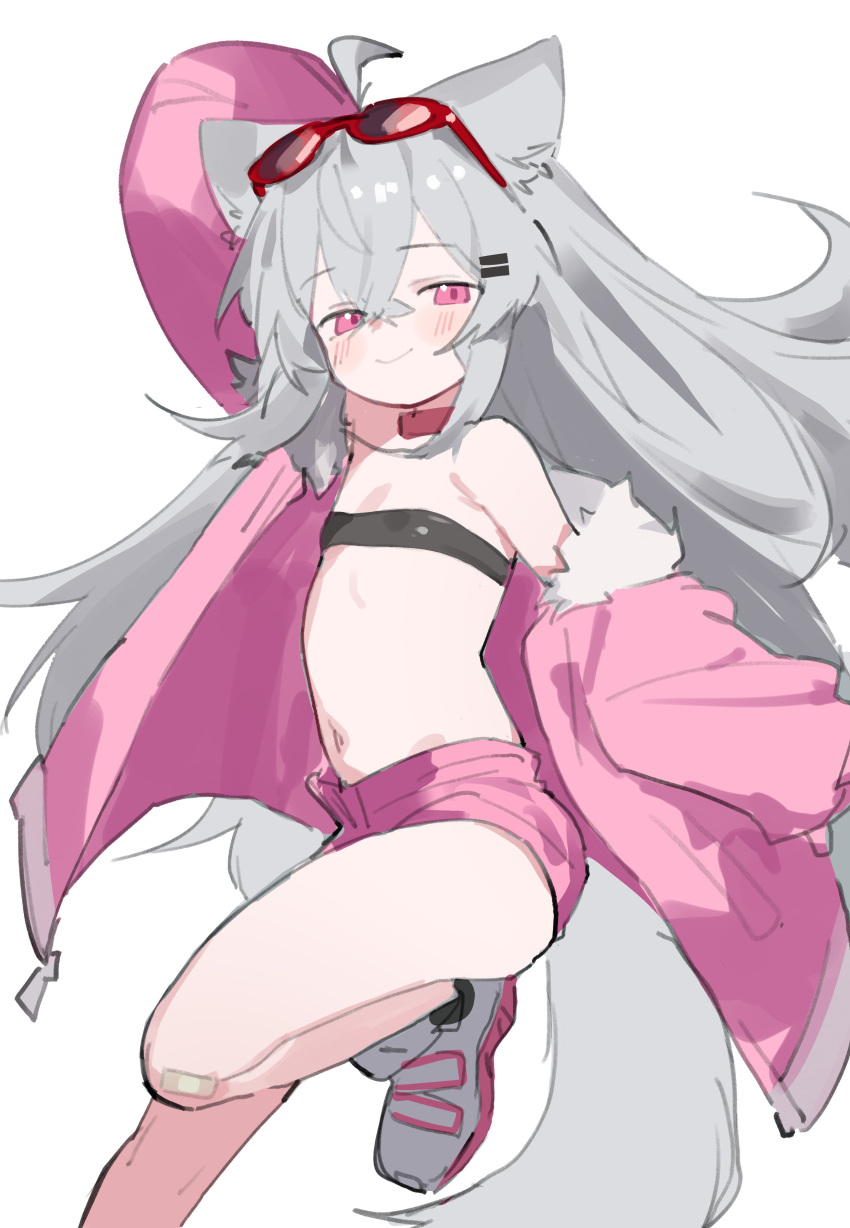 1girl absurdres ahoge bandaid bandeau blush collar eyewear_on_head fenrir_(fenriluuu) flat_chest grey_hair hair_ornament hairclip highres jacket long_hair looking_at_viewer navel off_shoulder open_clothes open_jacket original pink_eyes pink_shorts red_collar rir-chan short_shorts shorts sketch smile solo sunglasses tail wolf_girl wolf_tail