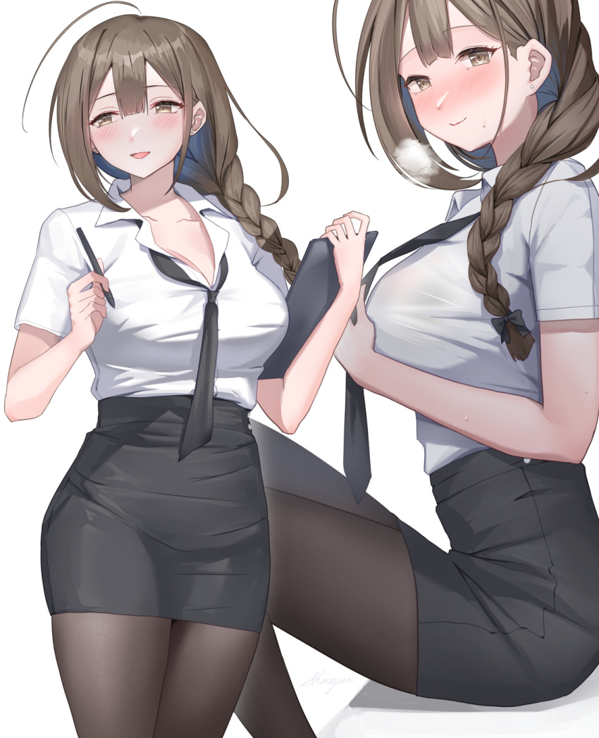 1girl black_necktie black_pantyhose black_skirt braid breasts brown_eyes brown_hair closed_mouth collared_shirt commentary_request highres holding idolmaster idolmaster_shiny_colors kuwayama_chiyuki large_breasts long_hair looking_at_viewer necktie office_lady pantyhose parted_lips shirt shirt_tucked_in short_sleeves shougun_(chuckni1) sitting skirt smile thighs white_background white_shirt