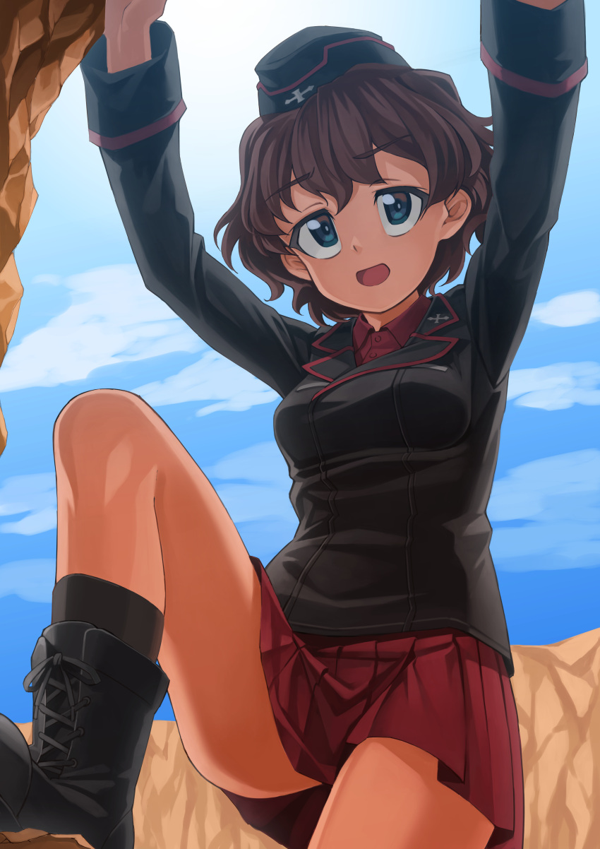 1girl absurdres akaboshi_koume ankle_boots arms_up black_footwear black_headwear black_jacket black_socks blue_eyes blue_sky boots brown_hair clear_sky climbing commentary day dress_shirt foot_up garrison_cap girls_und_panzer hat helmet_(trailblazer003) highres insignia jacket kuromorimine_military_uniform long_sleeves looking_at_viewer military_hat military_uniform miniskirt open_mouth outdoors pleated_skirt red_shirt red_skirt shirt short_hair skirt sky smile socks solo uniform wavy_hair wing_collar