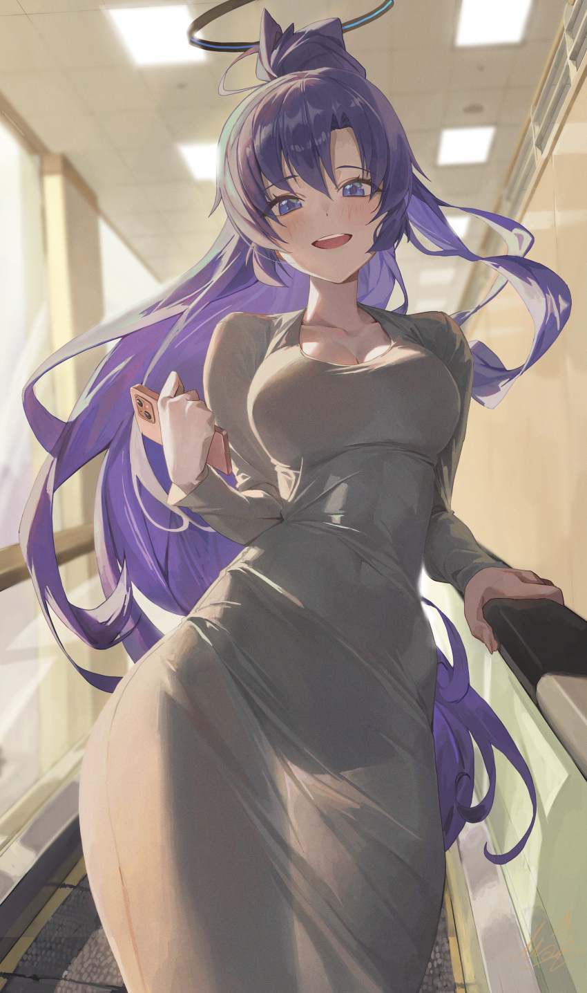 1girl absurdres black_halo blue_archive blue_eyes breasts cellphone covered_navel dongtan_dress dress escalator grey_dress halo highres holding holding_phone large_breasts long_hair long_sleeves looking_at_viewer m.q_(mqkyrie) mechanical_halo meme_attire open_mouth parted_bangs phone ponytail purple_hair railing see-through_silhouette smartphone smile solo taut_clothes taut_dress very_long_hair window yuuka_(blue_archive)