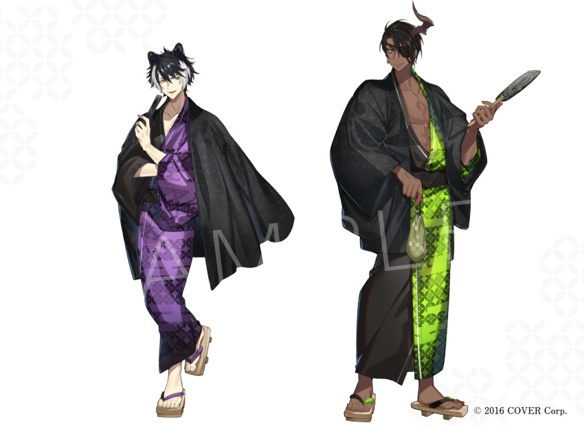 2boys alternate_costume animal_ears aragami_oga bag black_hair black_jacket black_kimono black_sash closed_mouth collarbone copyright_notice dark-skinned_male dark_skin demon_boy demon_horns earrings egasumi eyepatch folded_fan folding_fan full_body geta green_eyes green_kimono hair_between_eyes hair_over_one_eye hand_fan haori holding holding_bag holding_fan holostars horns jackal_boy jackal_ears jackal_tail jacket jacket_on_shoulders japanese_clothes jewelry kageyama_shien kimono kinchaku long_sleeves looking_at_viewer mafia_(holostars) male_focus multicolored_hair multiple_boys nonomaro official_art paper_fan parted_lips pectoral_cleavage pectorals pouch purple_kimono sample_watermark sash shippou_(pattern) short_hair single_horn smile standing tail two-tone_hair two-tone_kimono uchiwa virtual_youtuber watermark white_background white_hair yellow_eyes yukata