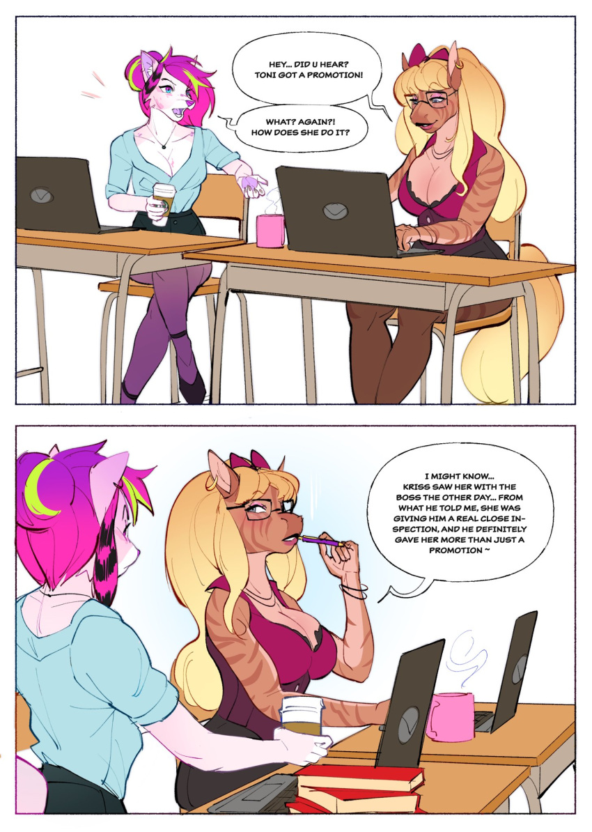 anthro beverage big_breasts blonde_hair book breasts canid canine cleavage clothed clothing coffee comic computer desk dialogue duo ear_piercing electronics english_text equid equine eyewear female footwear furniture glasses hair hi_res high_heels laptop long_hair mammal mug pen piercing pink_hair simple_background speech_bubble table text white_background zymaani