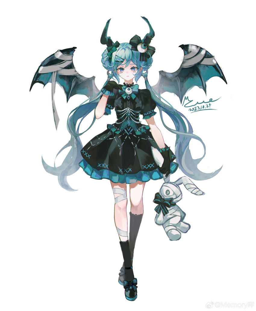 1girl 2023 absurdres alternate_costume aqua_bow aqua_dress arrow_(symbol) bandaged_ear bandaged_wings bat_wings black_dress black_footwear black_horns black_socks blue_hair bow chinese_commentary closed_mouth commentary_request corset dated diamond_(shape) dress eye_hair_ornament facial_tattoo footwear_bow frilled_dress frills full_body hatsune_miku highres holding holding_stuffed_toy horns kneehighs leg_ribbon long_hair looking_at_viewer mie_haha ribbon signature simple_background socks solo standing stuffed_animal stuffed_rabbit stuffed_toy tachi-e tattoo twintails two-tone_dress vocaloid weibo_logo weibo_username white_background white_ribbon wings x