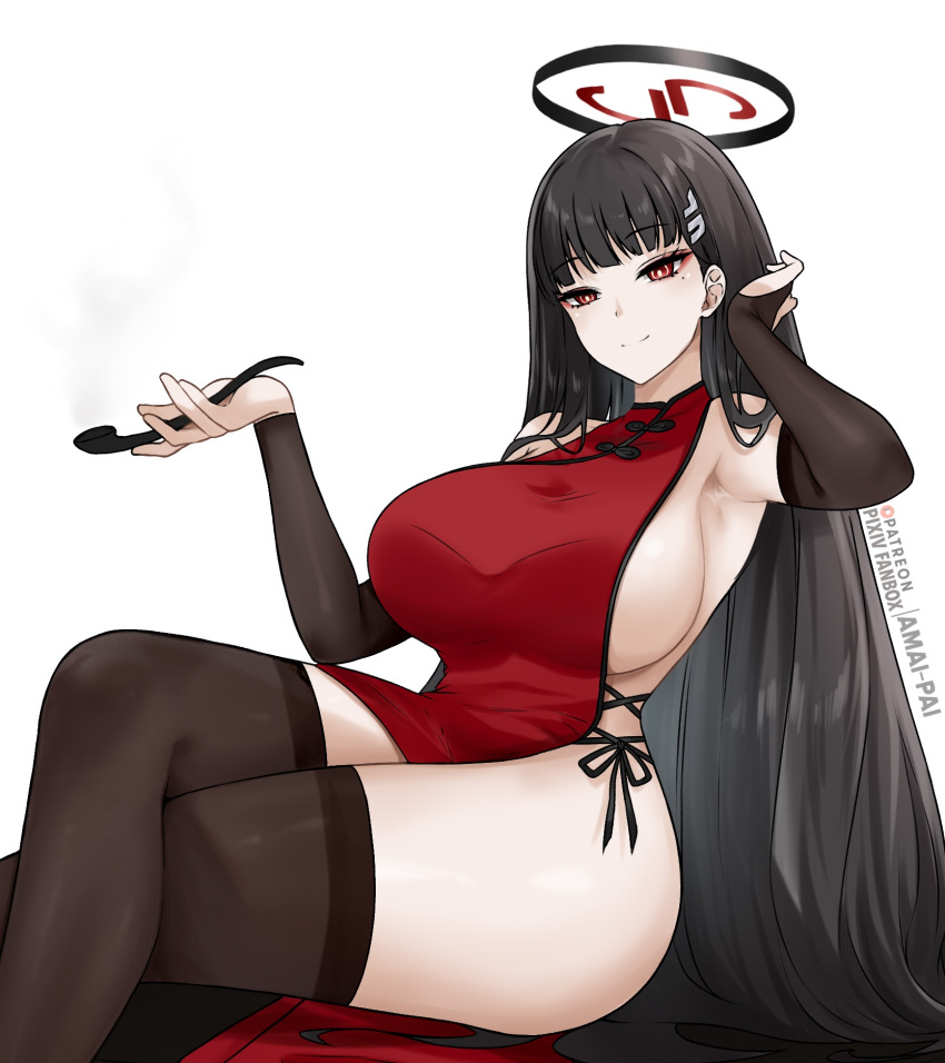 1girl amai-pai armpits black_hair black_thighhighs blue_archive breasts bridal_gauntlets bright_pupils china_dress chinese_clothes crossed_legs dress hair_ornament hairclip halo highres holding holding_smoking_pipe large_breasts long_hair mole mole_under_eye red_dress red_eyes rio_(blue_archive) sideboob sitting smile smoking_pipe solo thighhighs white_pupils