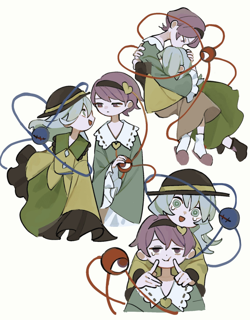 2girls :d black_footwear black_hairband black_headwear blouse blue_shirt boots closed_mouth commentary crying crying_with_eyes_open dee_(tannsumi) fingersmile forced_smile frilled_sleeves frills green_eyes green_hair green_skirt hair_ornament hairband hat head_on_head head_rest heart heart_hair_ornament highres hug komeiji_koishi komeiji_satori long_hair long_sleeves looking_at_another multiple_girls multiple_views mutual_hug open_mouth pink_footwear pink_skirt purple_eyes purple_hair shirt short_hair siblings simple_background sisters skirt slippers smile tears third_eye touhou wide_sleeves yellow_shirt