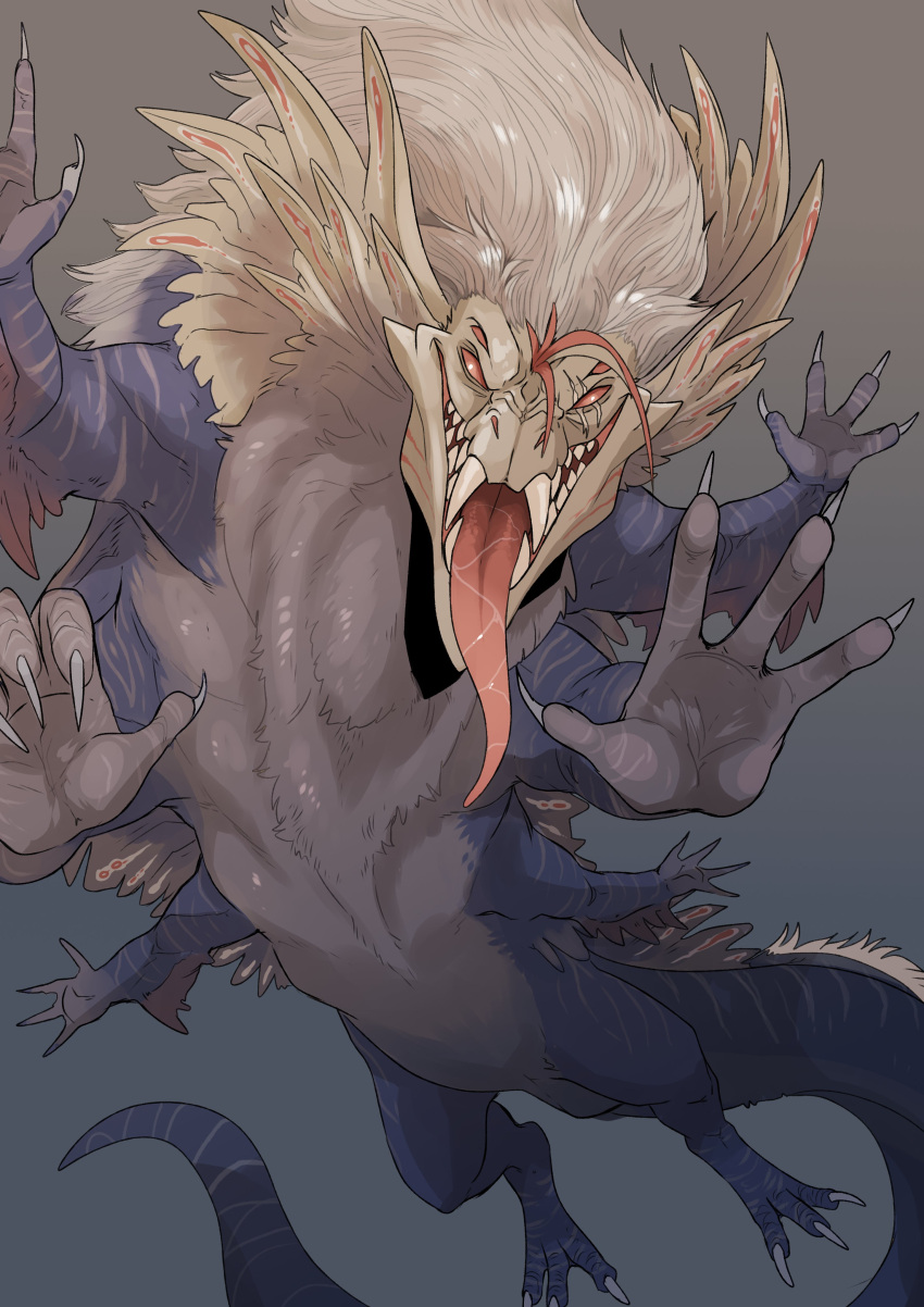 absurd_res ambiguous_gender blue_body blue_fur bodily_fluids dragon fangs feral front_view fur furred_dragon gradient_background grey_body grey_fur hi_res imperatorcaesar looking_at_viewer mane no_sclera open_mouth pupils red_eyes red_tongue saliva saliva_on_tongue simple_background solo teeth tongue tongue_out white_mane white_pupils