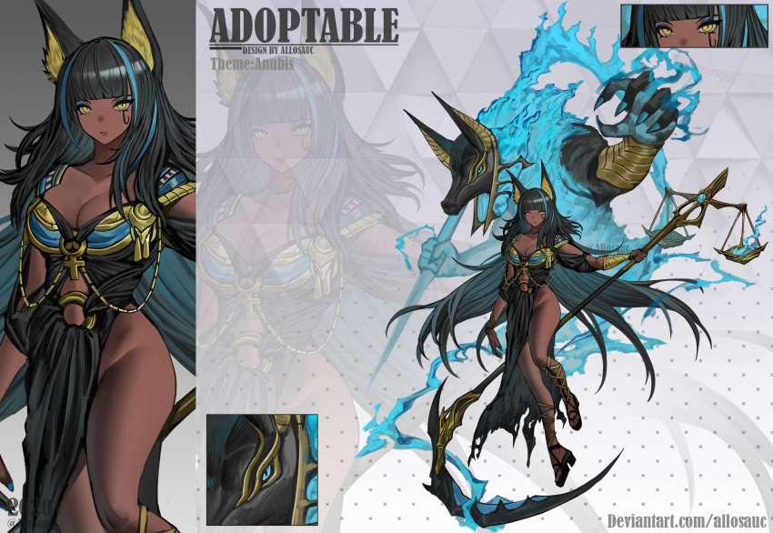 2020 adoptable allosauc animal_ears anubis_(mythology) artist_name balance_scale black_dress black_footwear black_hair blue_cape blue_eyeshadow blue_fire blue_hair blunt_bangs breasts cape claws cleavage closed_mouth commentary creature_and_personification dark-skinned_female dark_skin deviantart_username dress egyptian_mythology english_commentary english_text expressionless eyeshadow fire genderswap genderswap_(mtf) gradient_background grey_background highres holding holding_scythe holding_staff jackal_ears large_breasts leg_ribbon long_dress long_hair looking_at_viewer makeup marking_on_cheek multicolored_hair original polka_dot polka_dot_background ribbon sandals scythe shoulder_pads side_slit simple_background single_bare_leg single_bracer slit_pupils staff streaked_hair torn_cape torn_clothes torn_dress triangle_background weighing_scale yellow_eyes yellow_ribbon