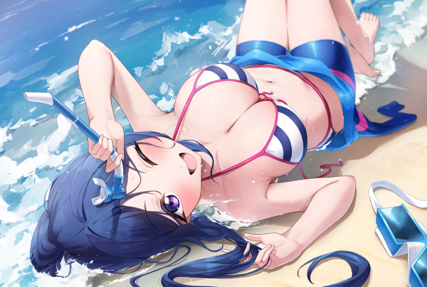 1girl ;d absurdres barefoot beach bike_shorts bikini blue_hair breasts commentary highres large_breasts long_hair looking_at_viewer love_live! love_live!_sunshine!! lying matsuura_kanan morros navel ocean on_back one_eye_closed open_mouth purple_eyes smile solo striped_bikini striped_clothes swimsuit symbol-only_commentary toes wet