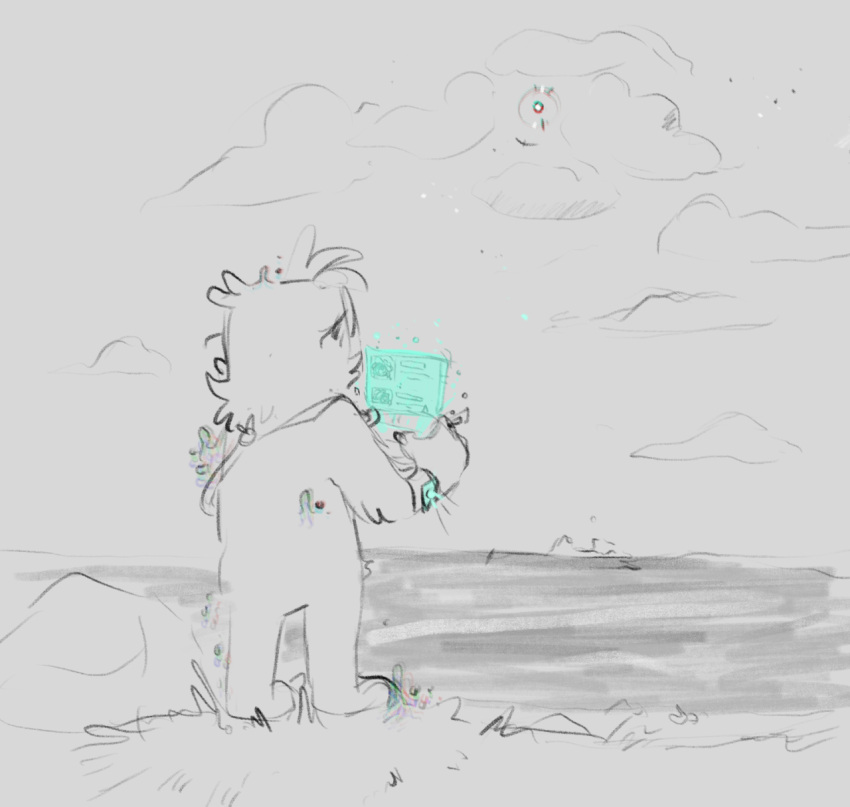 2022 anthro bracelet bugsnax cloud digital_media_(artwork) eyewear fan_character fur glasses grass grumpus hair hi_res holding_object jewelry nonbinary_(lore) outside plant rock screen shaibey shaibey_(shaibey) sketch solo standing young_horses