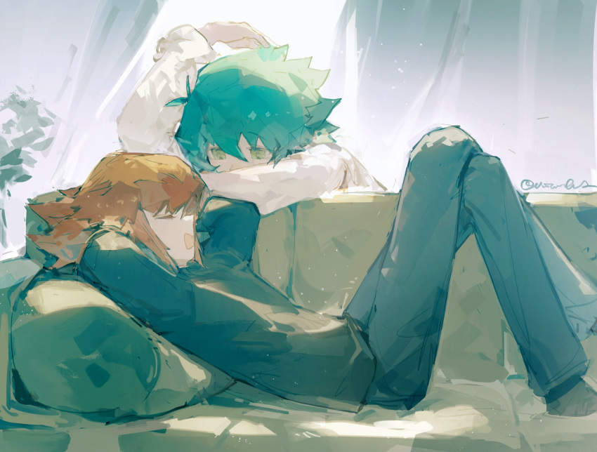 2boys black_shirt blue_hair brown_hair couch crossed_legs green_eyes highres indoors johan_andersen long_sleeves lying male_focus multiple_boys on_back on_couch open_mouth pants pillow shirt short_hair sleeping twitter_username uincorngear watching yu-gi-oh! yu-gi-oh!_gx yuuki_juudai