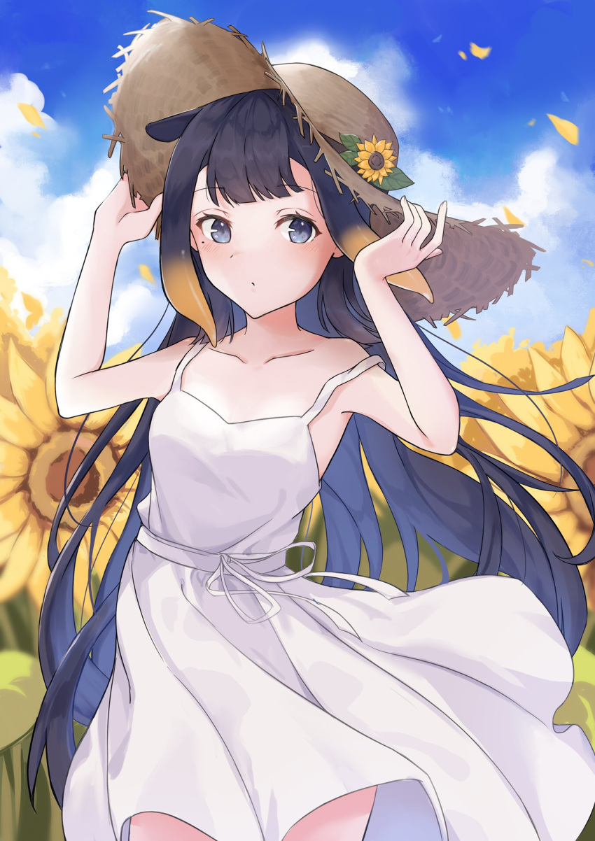 1girl bare_arms blue_sky blush cguanjen closed_mouth cloud commentary cowboy_shot day dress expressionless falling_petals flower hands_up hat hat_flower highres hololive hololive_english long_hair looking_at_viewer mole mole_under_eye ninomae_ina'nis outdoors petals purple_eyes purple_hair sky sleeveless sleeveless_dress solo straw_hat sunflower symbol-only_commentary tentacle_hair virtual_youtuber white_dress yellow_flower