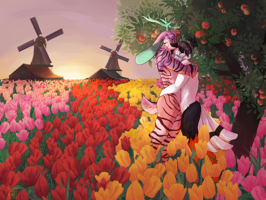 absurd_res accipitriform ambiguous_gender anthro antlers avian bird cinnamomo duo embrace field hi_res horn hug hybrid lagomorph leporid male mammal rabbit scenery secretary_bird striped_body stripes sunrise tulip_(flower)