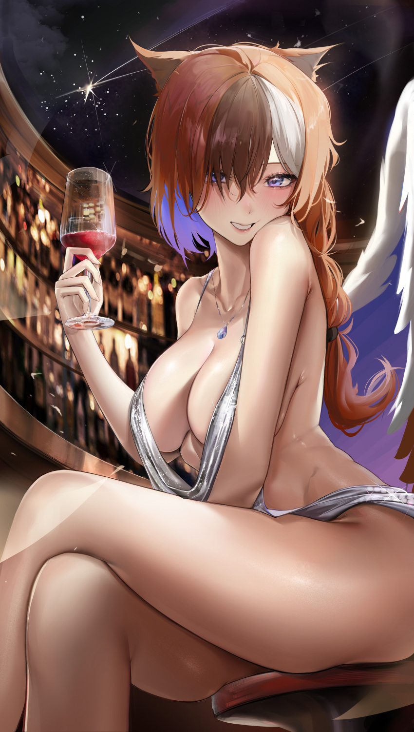 1girl absurdres backless_dress backless_outfit black_hair braid breasts brown_hair cleavage collarbone commission cosplay crossed_legs cup dress drinking_glass evening_gown feathered_wings hair_over_one_eye highres holding holding_cup large_breasts looking_at_viewer mookie_(e_mook9) multicolored_hair no_bra original pixiv_commission purple_eyes purple_hair purple_wings silver_dress single_braid sitting sleeveless sleeveless_dress smile st._louis_(azur_lane) st._louis_(azur_lane)_(cosplay) streaked_hair thighs two-tone_wings white_hair white_wings wings